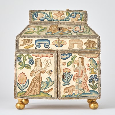 Lot 690 - Charles II Stumpwork, Silk and Metal Thread-Embroidered Cabinet