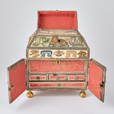 Lot 690 - Charles II Stumpwork, Silk and Metal Thread-Embroidered Cabinet