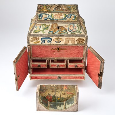 Lot 690 - Charles II Stumpwork, Silk and Metal Thread-Embroidered Cabinet