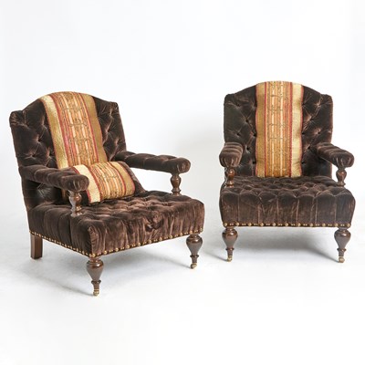 Lot 202 - Pair of Regency Style Tufted Velvet Lounge Chairs