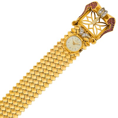Lot 120 - Retro Gold, Ruby and Diamond Buckle Slide Bracelet-Watch