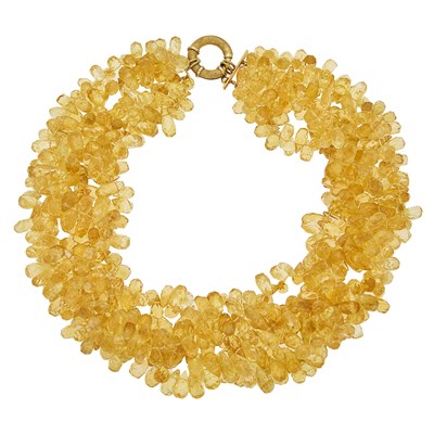 Lot 1041 - Five Strand Citrine Bead Torsade Necklace with Gold Clasp