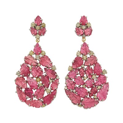 Lot 1131 - Pair of Silver, Carved Pink Tourmaline and Colored Diamond Pendant-Earrings