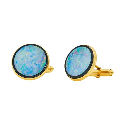 Lot 1219 - Pair of Gold, Opal Doublet and Black Onyx Cufflinks