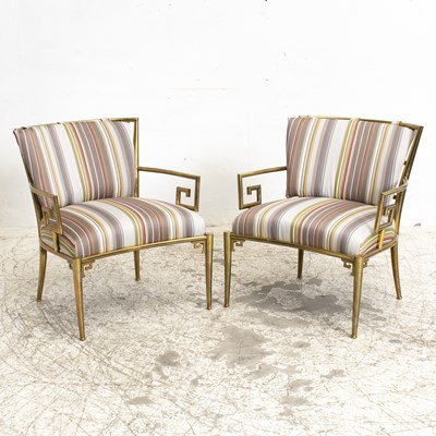 Lot 1 - Pair of Contemporary Gilt Metal Upholstered Club Chairs