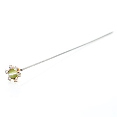 Lot 1180 - Antique Gold, Platinum, Metal, Cat's Eye Chrysoberyl and Diamond Hat Pin