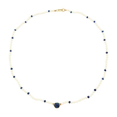 Lot 1299 - Cultured Pearl, Sapphire Bead, Gold and Carved Sapphire Necklace