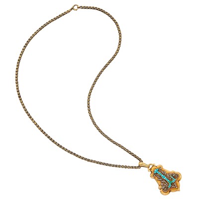 Lot 1191 - Antique Gold, Turquoise and Diamond Pendant Locket with Chain Necklace