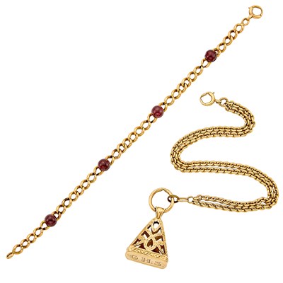 Lot 1304 - Antique Gold and Cabochon Garnet Bracelet and Seal Charm Bracelet