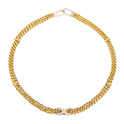 Lot 149 - Multistrand Two-Color Gold and Diamond 'X' Necklace