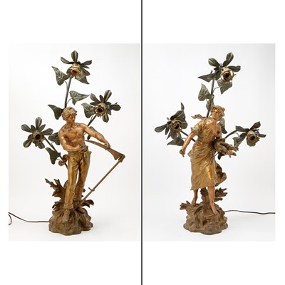 Lot 397 - Pair of Art Nouveau Spelter Figural Lamps