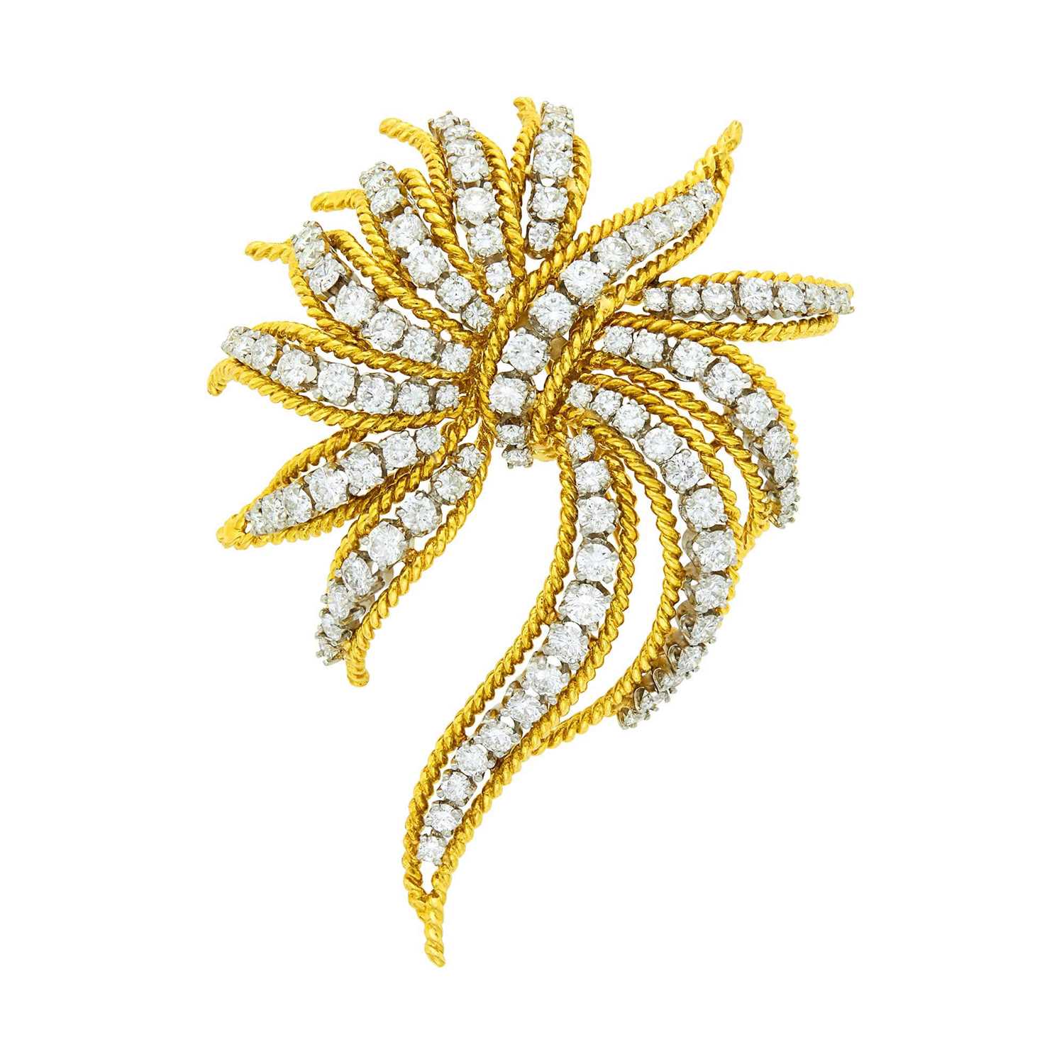 Lot 123 - Van Clief Gold, Platinum and Diamond Ribbon Spray Brooch