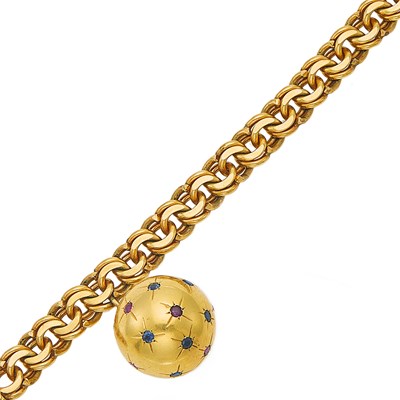 Lot 1171 - Gold Bracelet with Gold and Gem-Set Ball Charm