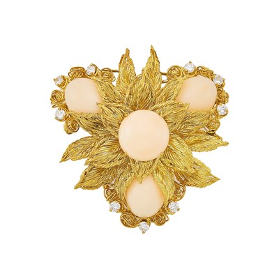 Lot 1201 - Gold, Angel Skin Coral and Diamond Pendant-Brooch