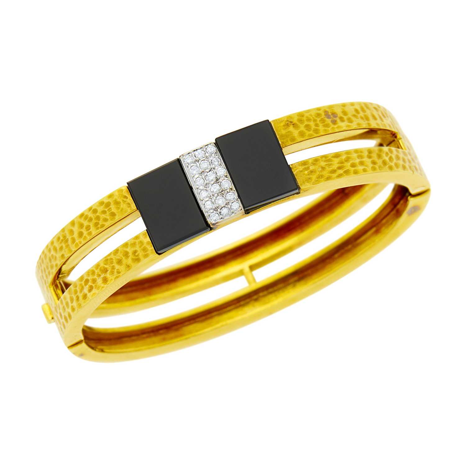 Lot 167 - Hammered Gold, Black Onyx and Diamond Bangle Bracelet