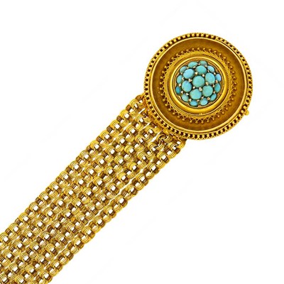 Lot 1150 - Antique Five Strand Gold Chain Bracelet with Etruscan Revival Gold and Turquoise Clasp