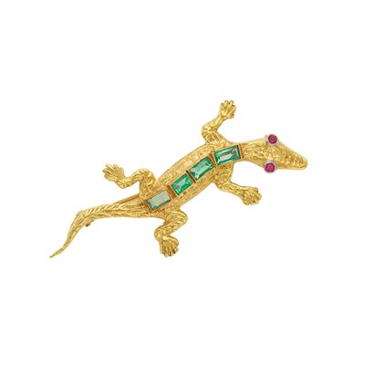 Lot 1008 - Gold, Emerald and Ruby Salamander Brooch