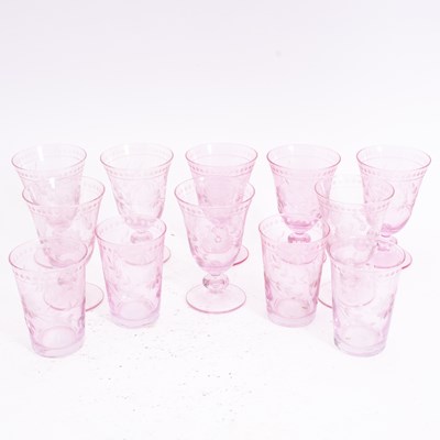 Lot 25 - Set of Eight William Sonoma Pink Etched Glass Goblets