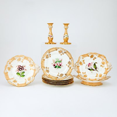 Lot 139 - English Porcelain Peach and Floral Decorated Dessert Service and Pair of Candlesticks