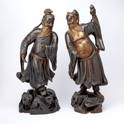 Lot 129 - Two Chinese Parcel Gilt Lacquered Wood Figures of Lu Dongbin and Quan Zhongli