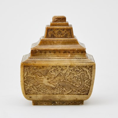 Lot 147 - A Chinese Pewter-Inset Carved Soapstone Caddy