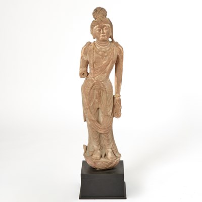 Lot 130 - A Tang or Sui Style Chinese Carved Stone Figure of a Standing Guanyin