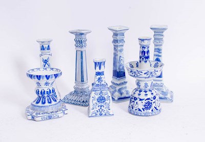 Lot 33 - Group of 7 Blue & White Ceramic Candlesticks