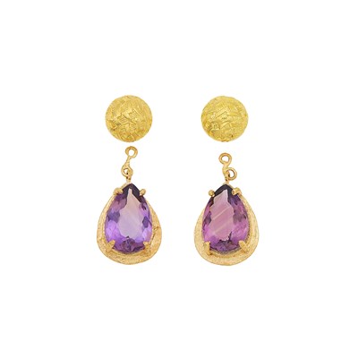 Lot 1139 - Pair of Two-Color Gold and Amethyst Pendant-Earrings