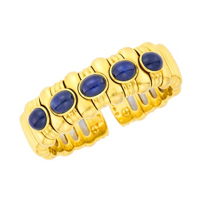 Lot 123 - Gold, Stainless Steel and Cabochon Sapphire Cuff Bracelet