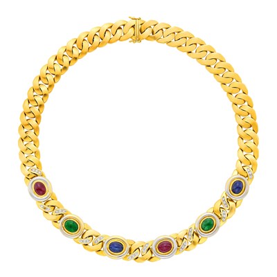 Lot 122 - Two-Color Gold, Cabochon Colored Stone and Diamond Curb Link Necklace