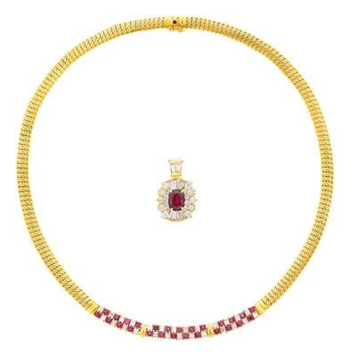 Lot 1098 - Gold, Ruby and Diamond Necklace, France, and Enhancer