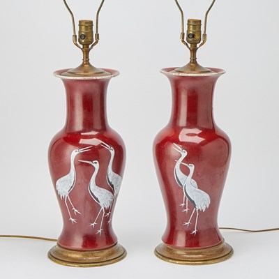 Lot 200 - Pair of Glazed Porcelains Vases Decorated with Cranes as Lamps