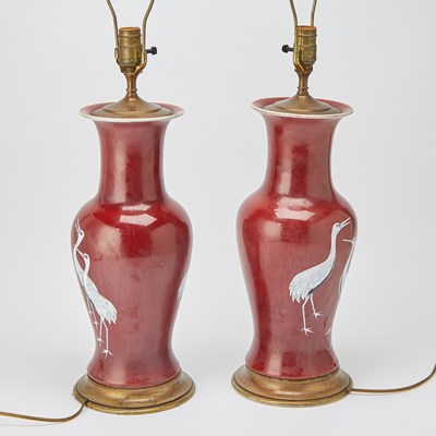 Lot 200 - Pair of Glazed Porcelains Vases Decorated with Cranes as Lamps