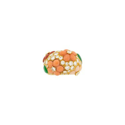 Lot 19 - Van Cleef & Arpels Gold, Multicolored Coral, Green Chrysoprase and Diamond Bombé Ring, France