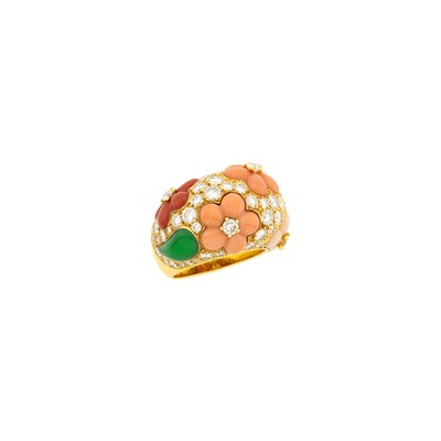 Lot 19 - Van Cleef & Arpels Gold, Multicolored Coral, Green Chrysoprase and Diamond Bombé Ring, France