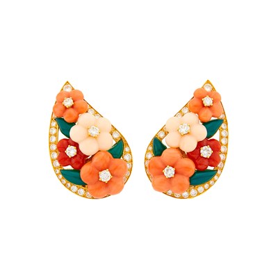 Lot 20 - Van Cleef & Arpels Pair of Gold, Multicolored Coral, Green Onyx and Diamond Earclips, France