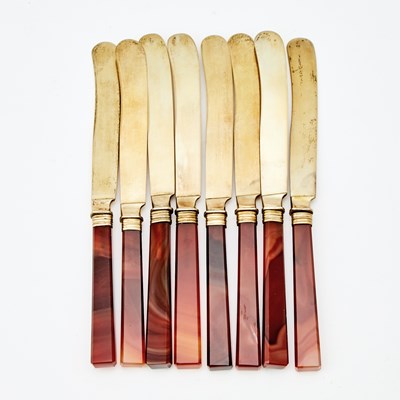 Lot 218 - Set of Eight Continental Silver Gilt Mounted Agate Dessert Knives