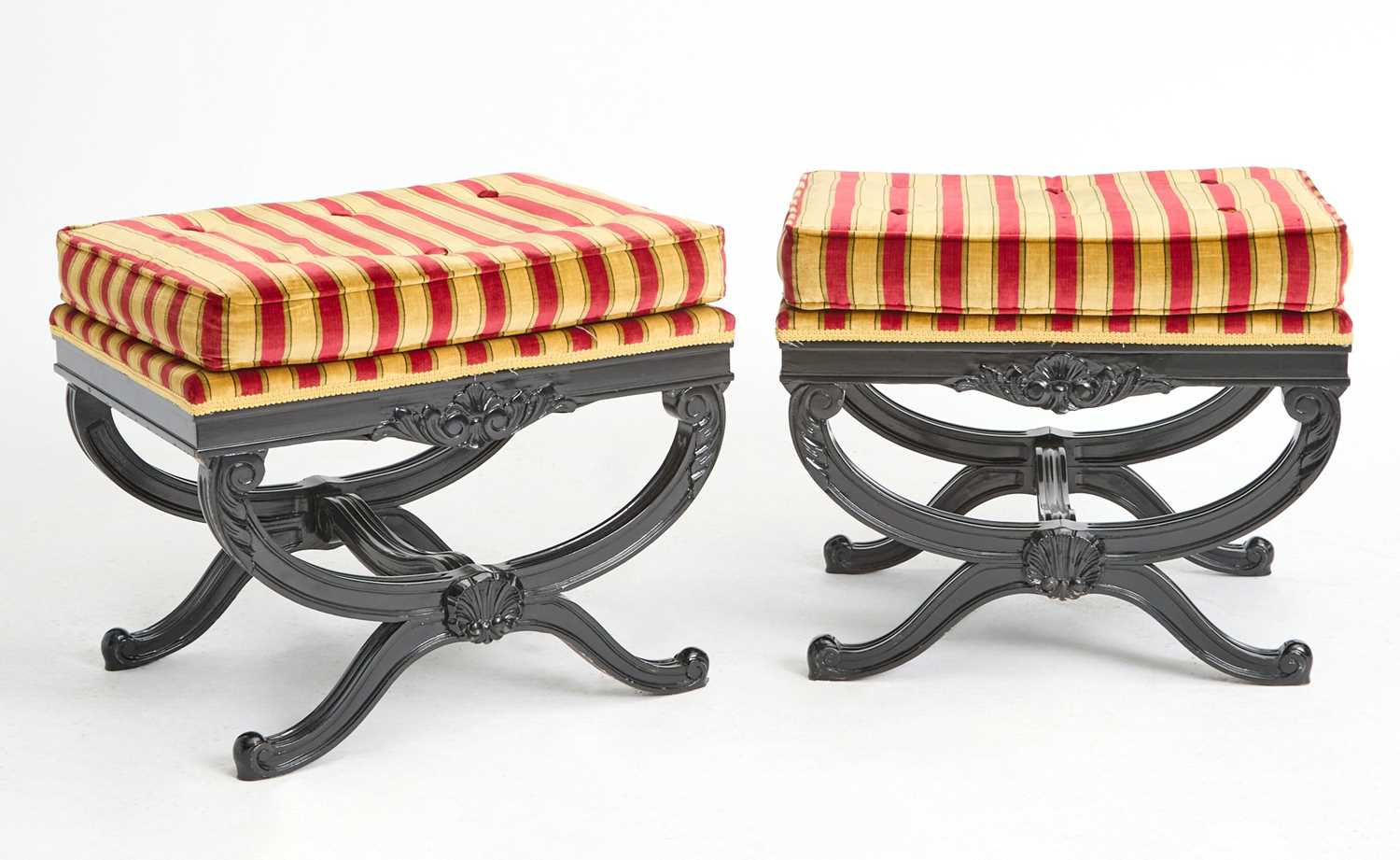 Lot 168 - Pair of Regency Style Upholstered Ebonized Wood Stools