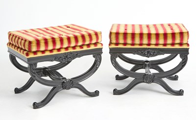 Lot 168 - Pair of Regency Style Upholstered Ebonized Wood Stools