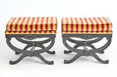 Lot 168 - Pair of Regency Style Upholstered Ebonized Wood Stools