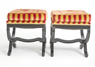 Lot 168 - Pair of Regency Style Upholstered Ebonized Wood Stools