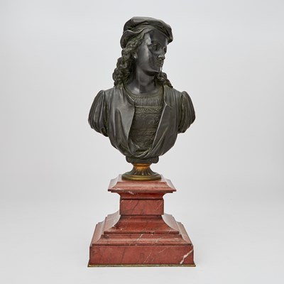 Lot 337 - French Parcel-Gilt and Green Patinated Bronze Bust of Young Raphael