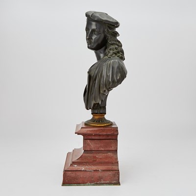 Lot 337 - French Parcel-Gilt and Green Patinated Bronze Bust of Young Raphael