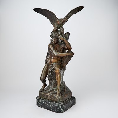 Lot 352 - French Patinated Bronze Figure of a Young Man and Eagle Titled "Le Penseur" ("The Thinker")