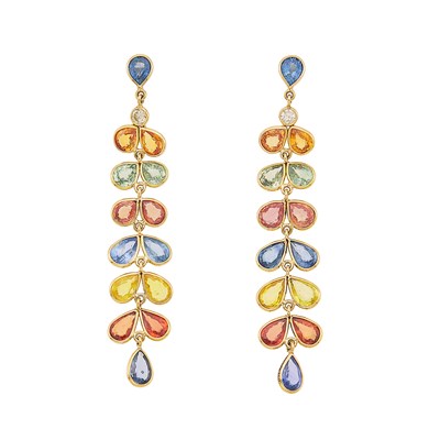 Lot 1041 - Pair of Gold, Multicolored Sapphire and Diamond Fringe Pendant-Earrings