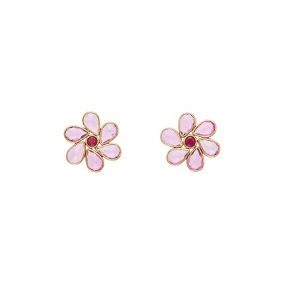 Lot 2061 - Pair of Gold, Pink Sapphire and Ruby Flower Earrings