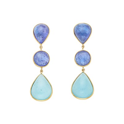 Lot 2048 - Pair of Gold, Cabochon Tanzanite and Aquamarine Pendant-Earrings