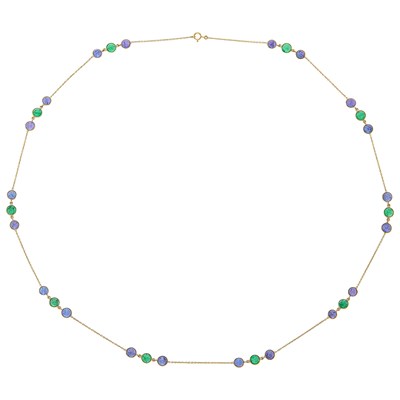 Lot 1195 - Gold, Cabochon Tanzanite and Emerald Chain Necklace