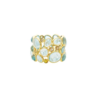 Lot 2052 - Gold, Cabochon Aquamarine and Colored Diamond Ring