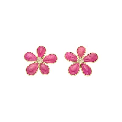 Lot 2047 - Pair of Gold, Cabochon Ruby and Colored Diamond Flower Earrings